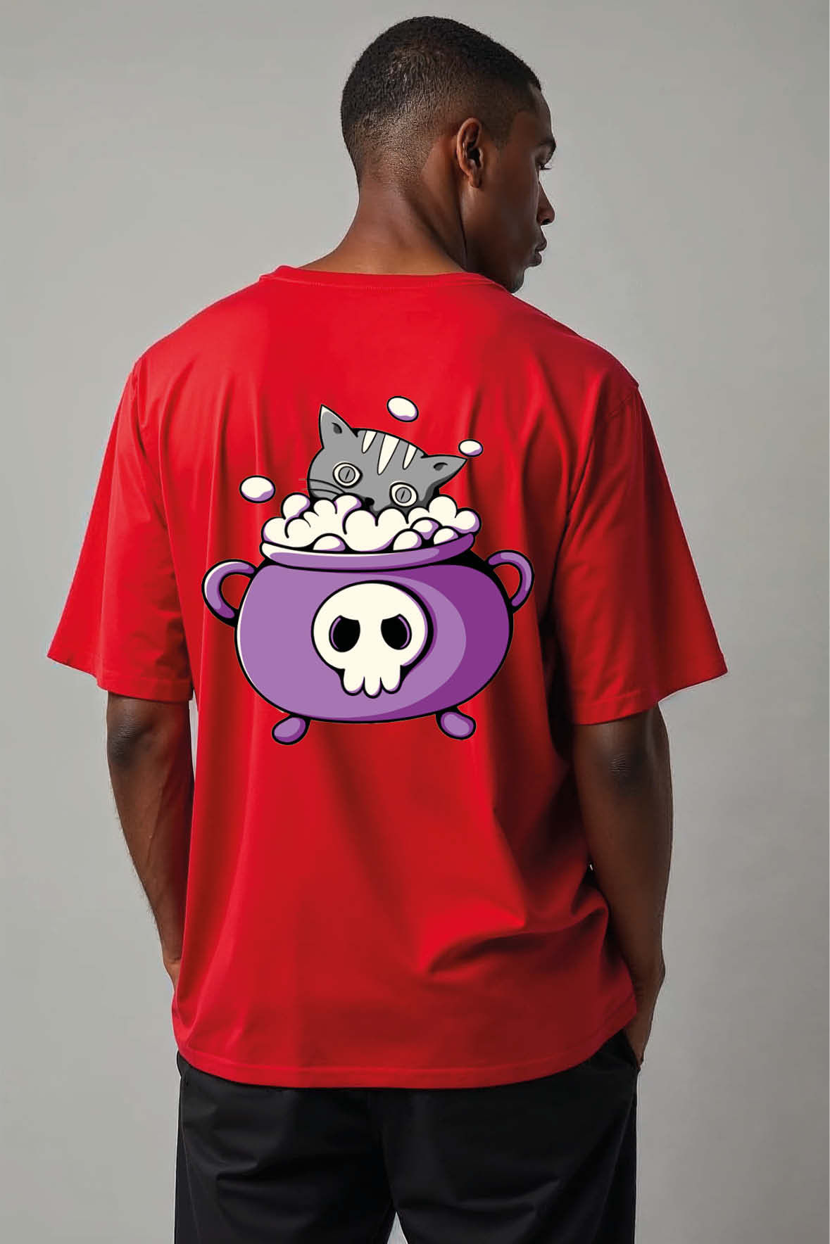 Witch Cat Cauldron Urban Unisex Drop Shoulder Oversized T-Shirt for Men & Women