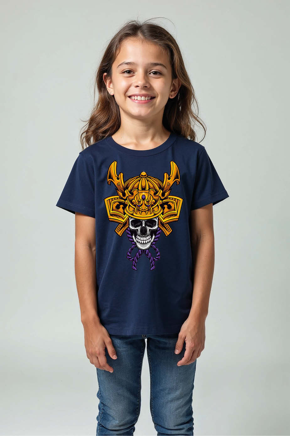 Golden Samurai Helmet Skull Graphic Tee Soft Kids Printed T-Shirt