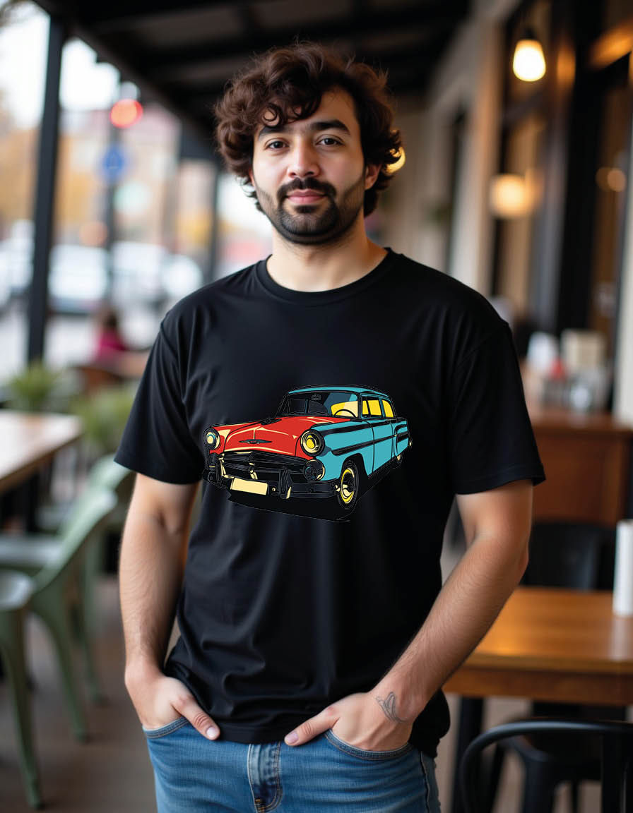Thumbnail: car with pop art style mens printed graphic t shirt