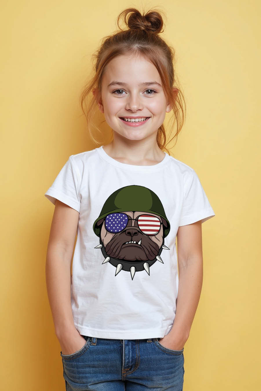 Patriotic Military Dog American Flag Sunglasses T-Shirt Cool Kids Printed