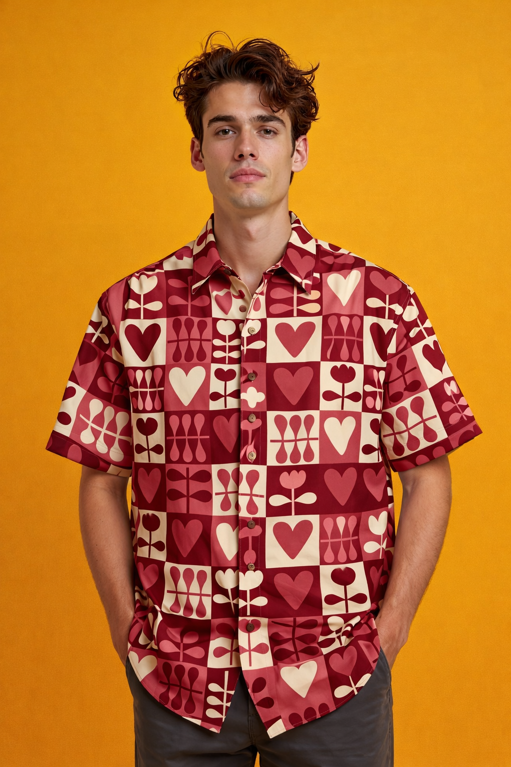 Fashion model in geometric Youth Style Patterned All Over Print Oversized Shirt