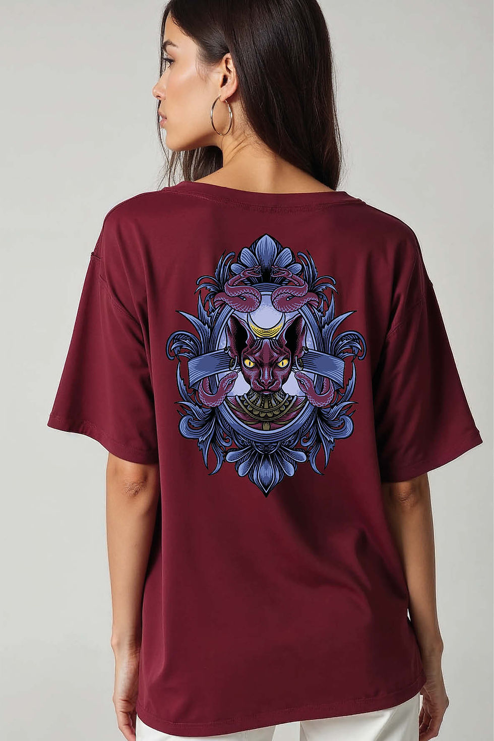 Thumbnail: Egyptian Cat Deity Cool Unisex Oversized Drop Shoulder T-Shirt for Men & Women