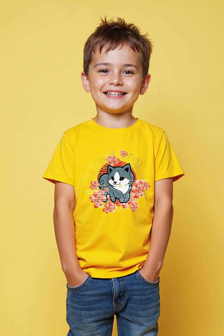 Thumbnail: Husky Puppy and Cherry Blossom Graphic Trendy Printed T-Shirt Boys & girls