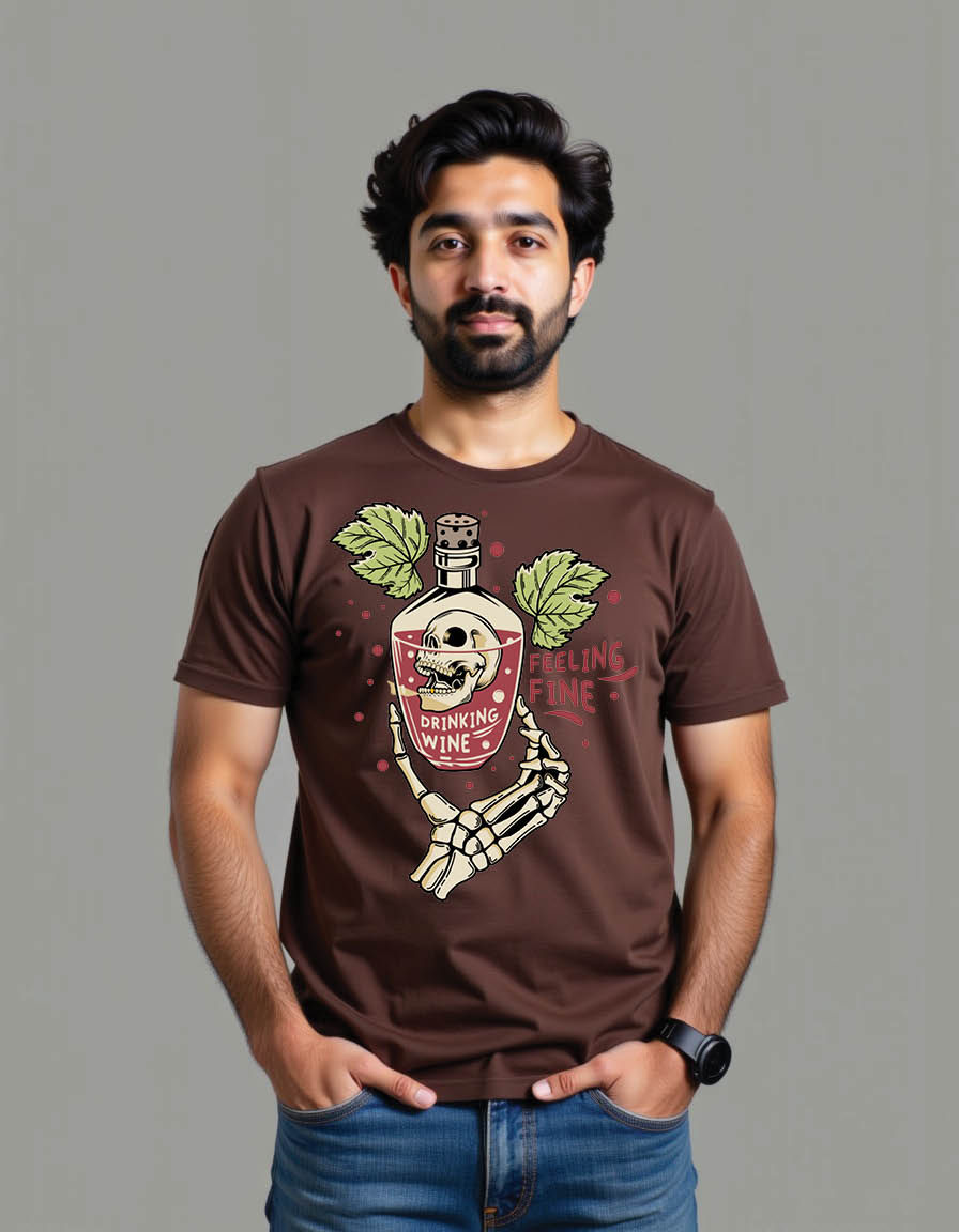 Thumbnail: skull head inside bottle with wine drink holding mens printed graphic t shirt