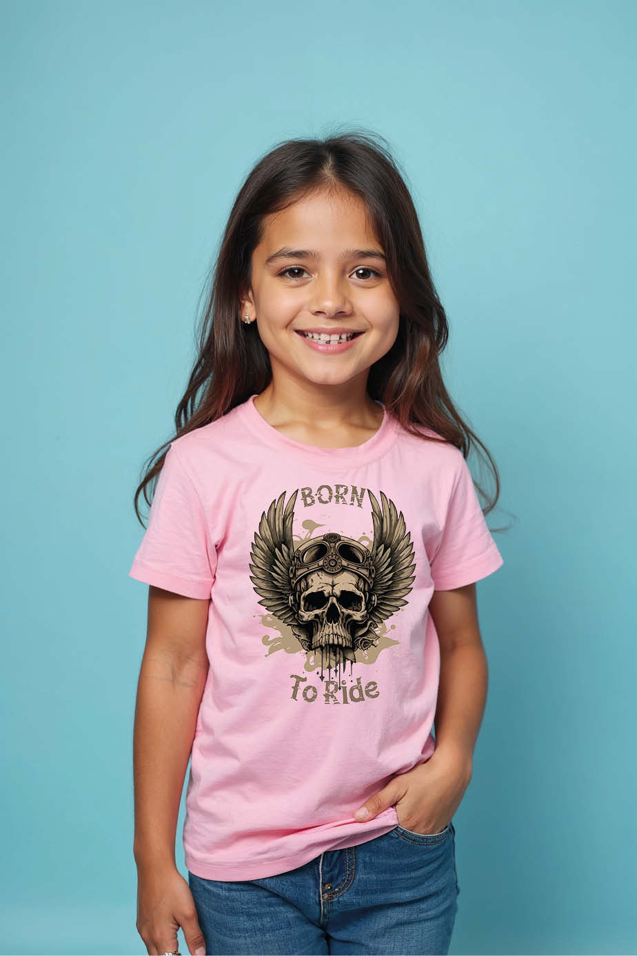 Thumbnail: Kids' T-Shirt with Winged Viking Skull and "BORN TO RIDE" Graphic