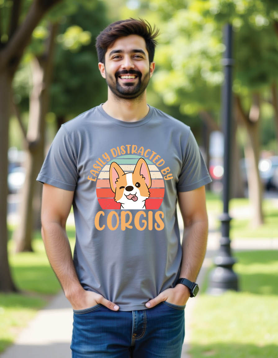 Thumbnail: easily distracted by corgis retro corgi dog mens printed graphic t shirt