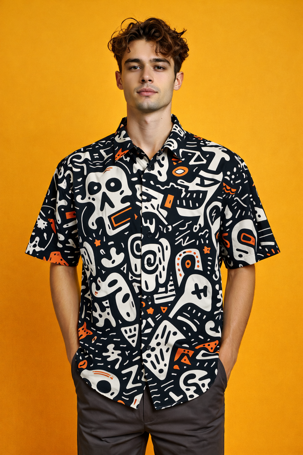 Model in vibrant Trendy Comfort Patterned All Over Print Oversized Shirt