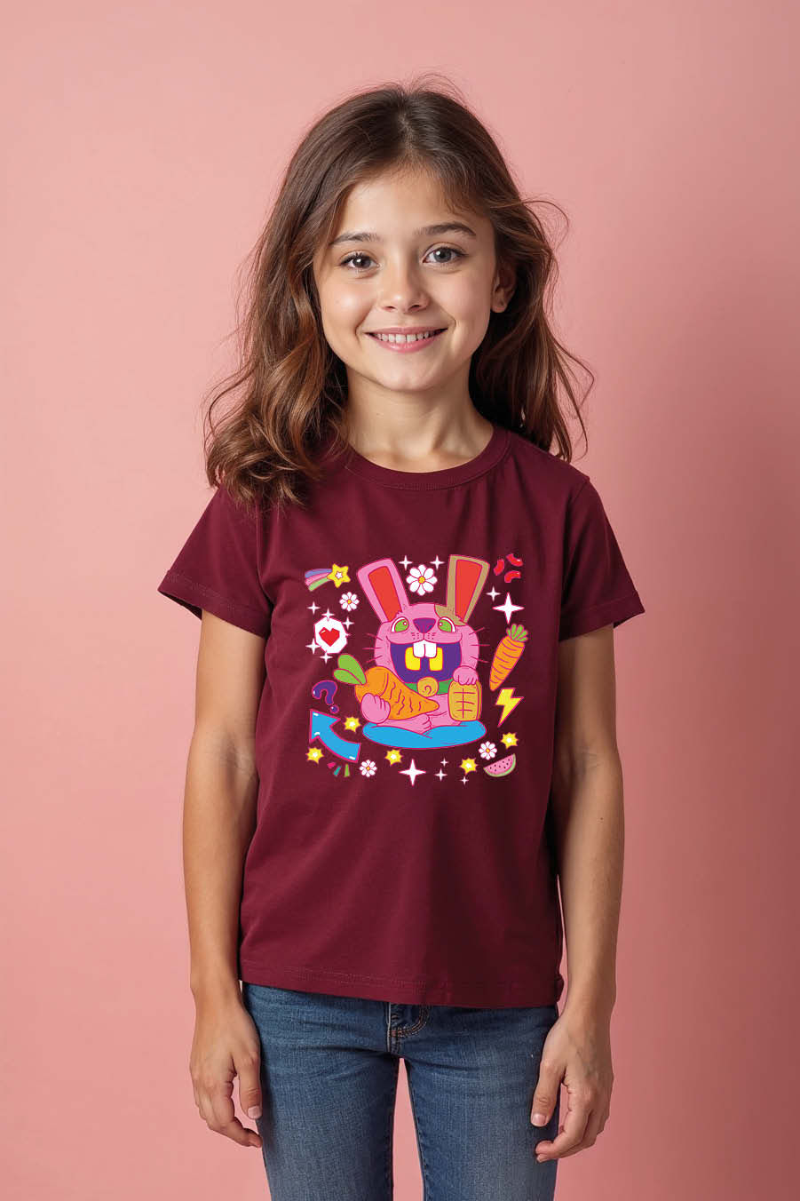 Thumbnail: Vibrant Pink Cartoon Rabbit with Carrots and Doodles Graphic T-Shirt