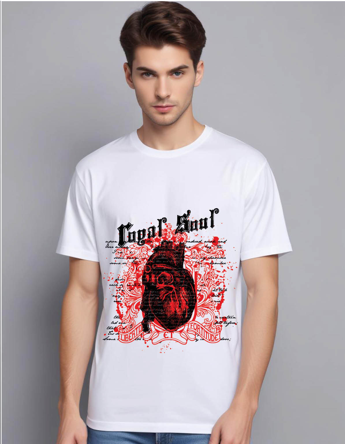anatomical heart text background with blood spots mens printed graphic t shirt