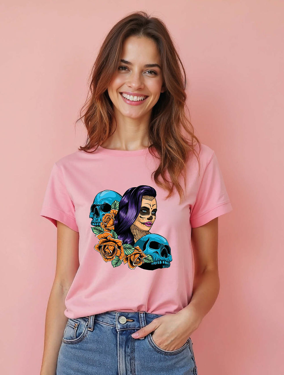 Thumbnail: Three Skulls and the Catrina Trendy Women’s Typography T-Shirt – Best Price
