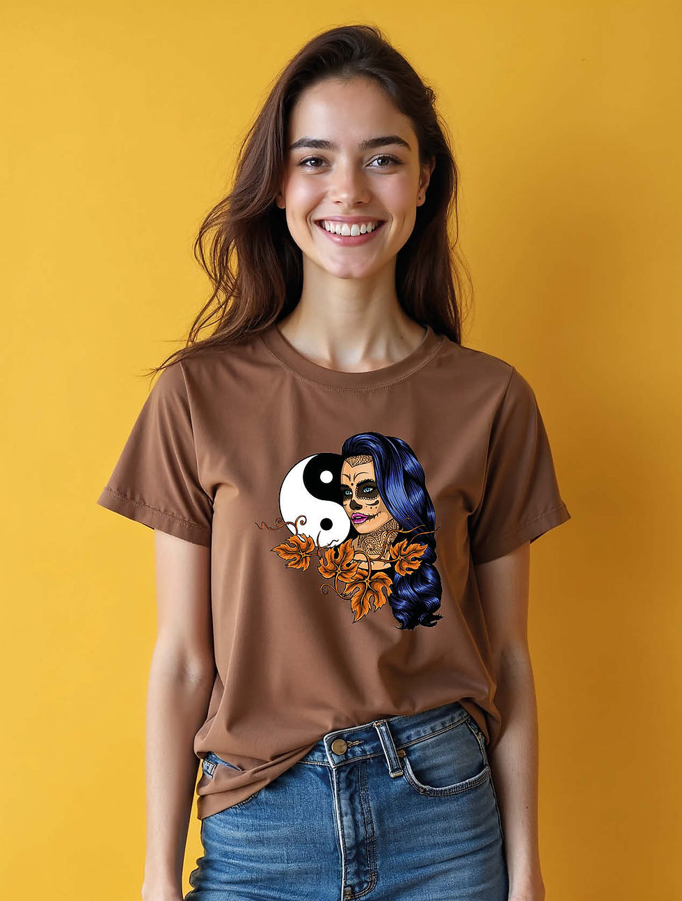 Thumbnail: Yin and Yang Calavera Cool Women’s Graphic  Printed T-Shirt – Hot Deal
