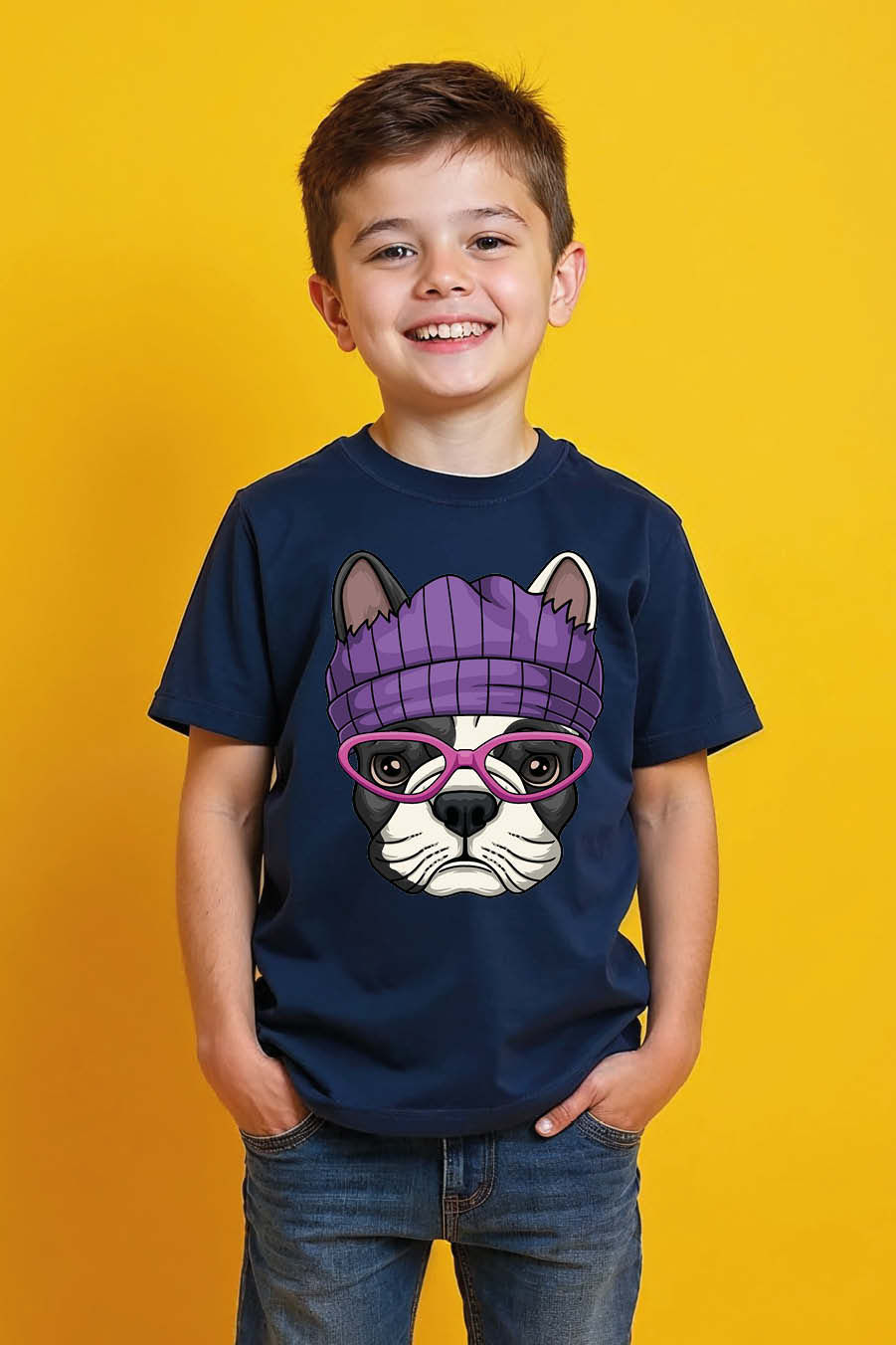 Thumbnail: Hipster Boston Terrier with Purple Beanie and Pink Glasses T-Shirt