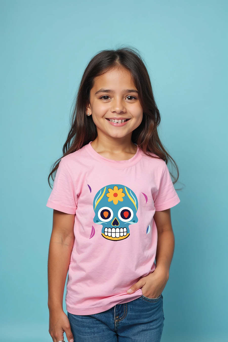 Thumbnail: Happy Sugar Skull Kids T-Shirt – Fun Colorful Graphic Tee for Boys & Girls