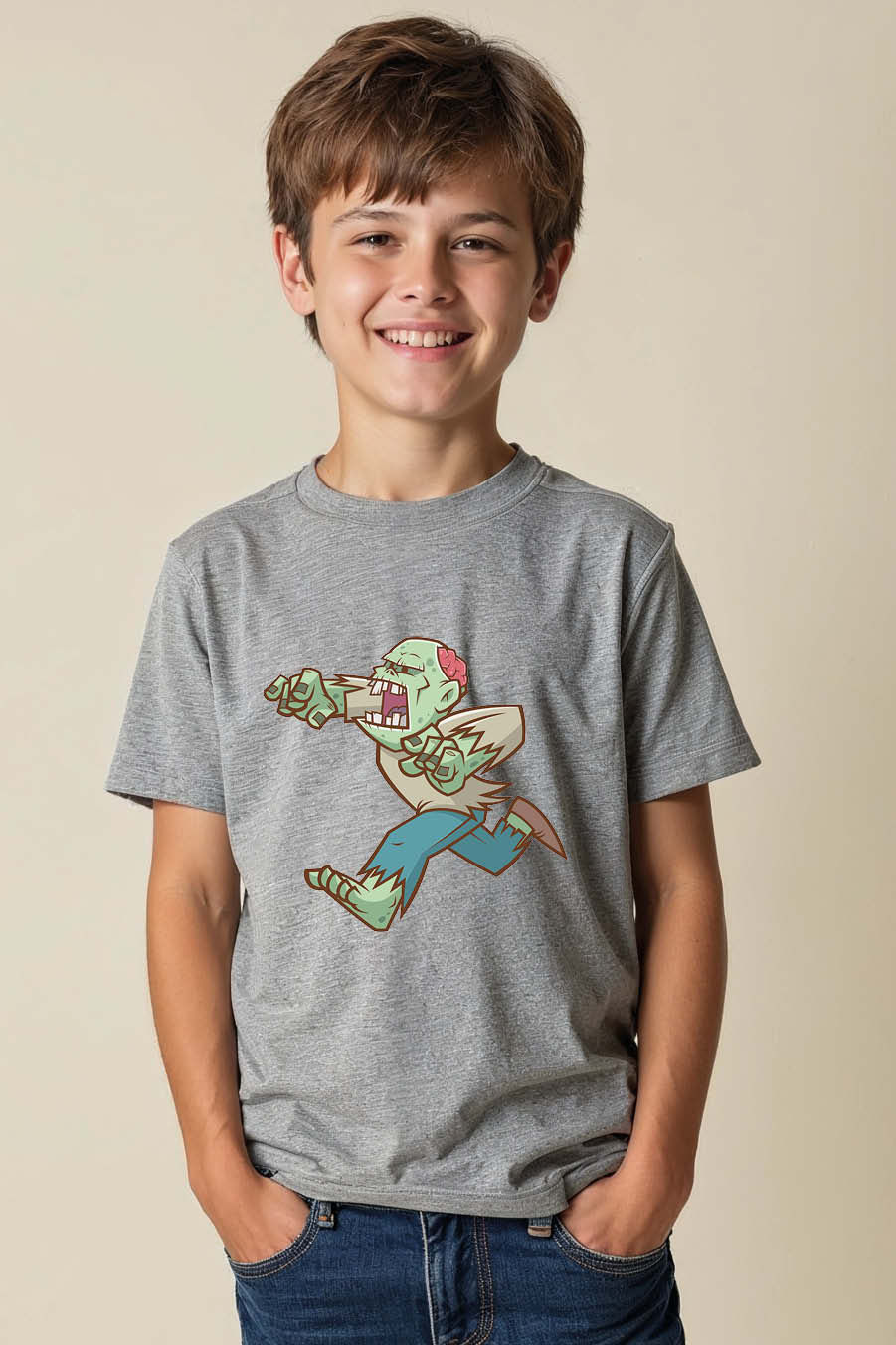 Thumbnail: Running Green Zombie Cartoon Graphic T-Shirt Playful Cartoon Printed T-Shirt