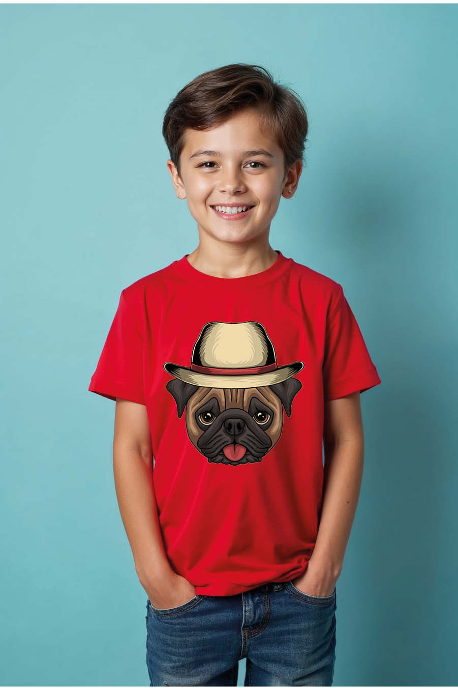 Thumbnail: Pug Wearing a Fedora Hat Graphic T-Shirt Trendy Cute Kids Typography T-Shirt
