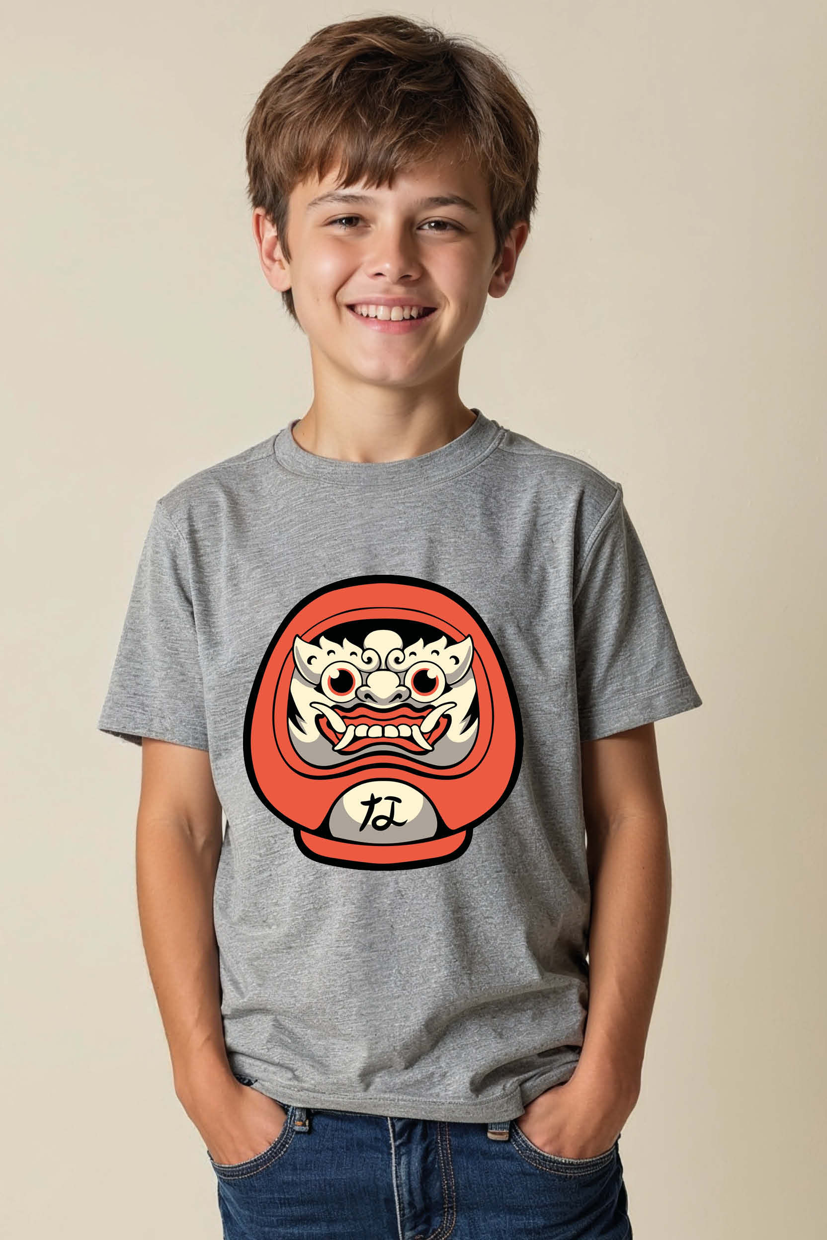 Oni Face Daruma Doll Graphic Tee Soft Cute Kids Typography T-Shirt – Character
