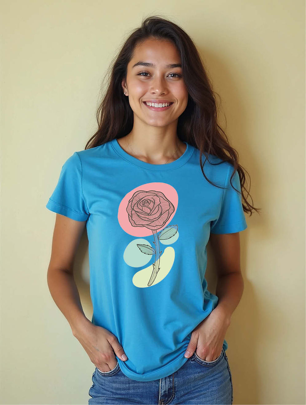 Line Art Rose on Abstract Pastel Shapes  Casual Women’s Printed Graphic T-shirts