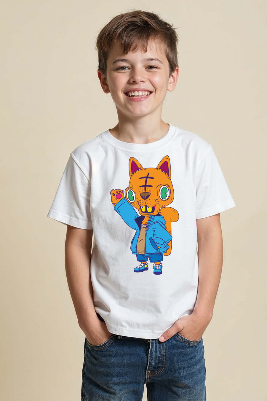 Cool Squirrel/Cat Character in Blue Jacket T-Shirt Trendy Stylish Kids Graphic