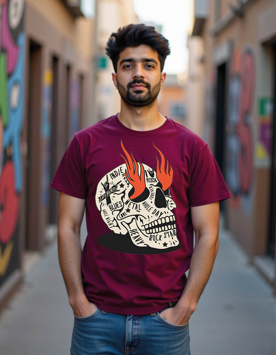 Thumbnail: vintage styled skull with rock music mens printed graphic t shirts