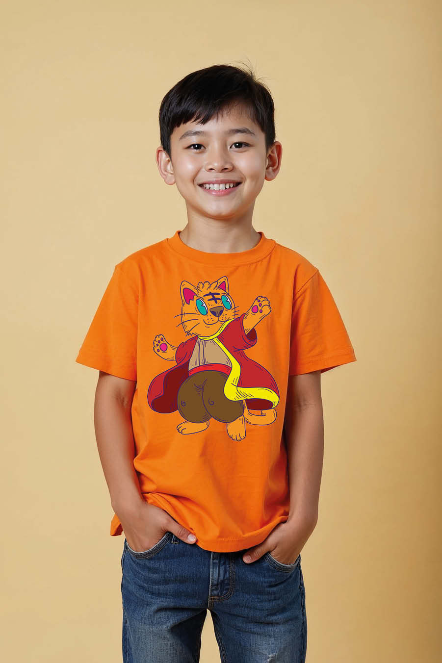 Thumbnail: Orange Cat in Red Robe Graphic Youth T-Shirt Cute Trendy Printed Tee for Kids
