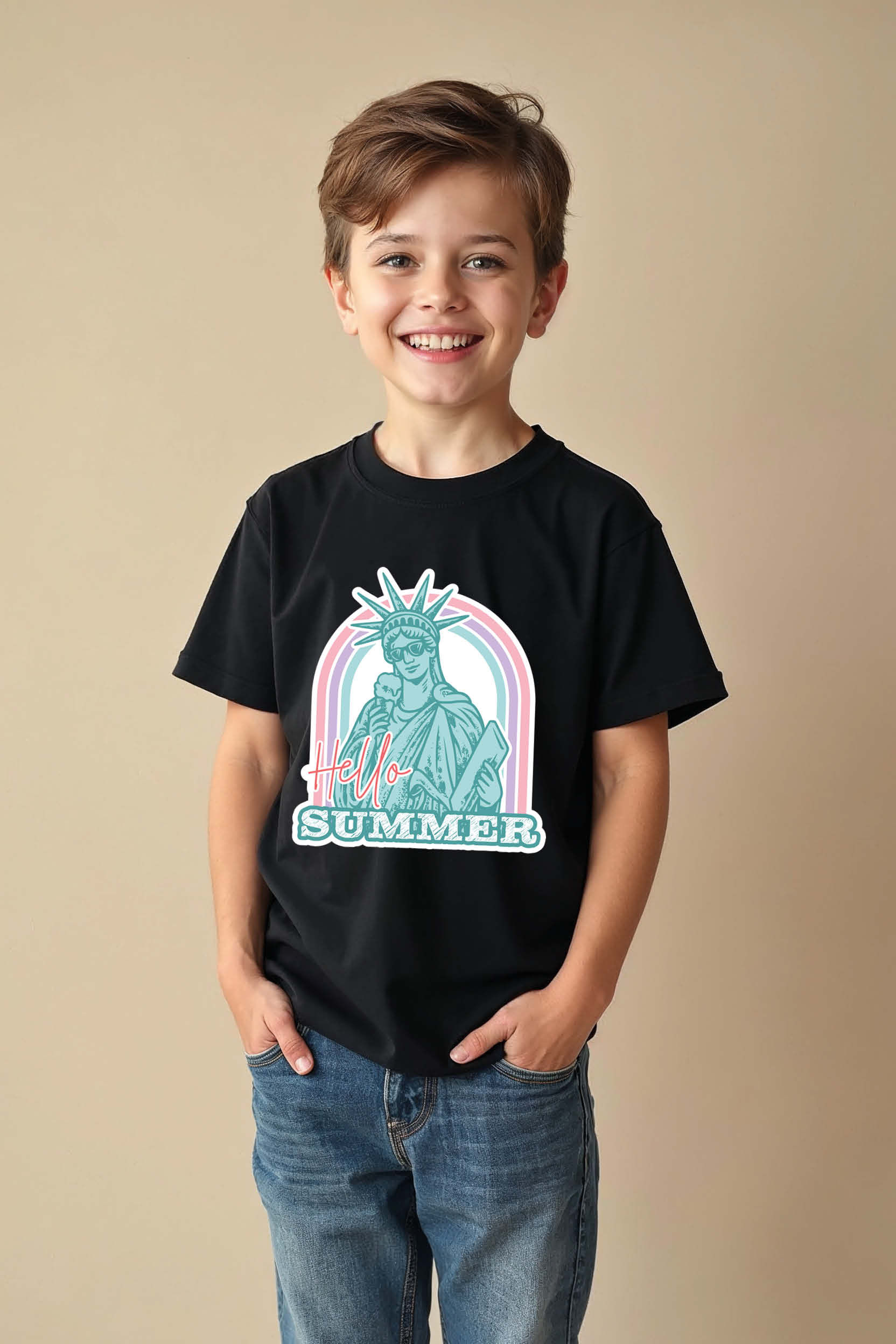 Hello Summer Statue Graphic Kids T-Shirt – Cool Holiday Vibes Tee for Boys & Gir