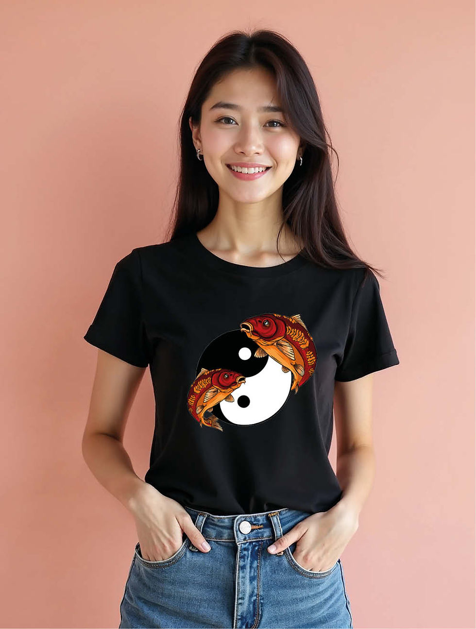 Thumbnail: Yin Yang Symbol with Two Koi Fish Chic Women’s Printed Graphic Streetwear Tees