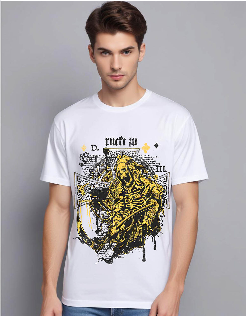 Thumbnail: grim reaper skeleton holding scythe cross mens printed graphic t shirt