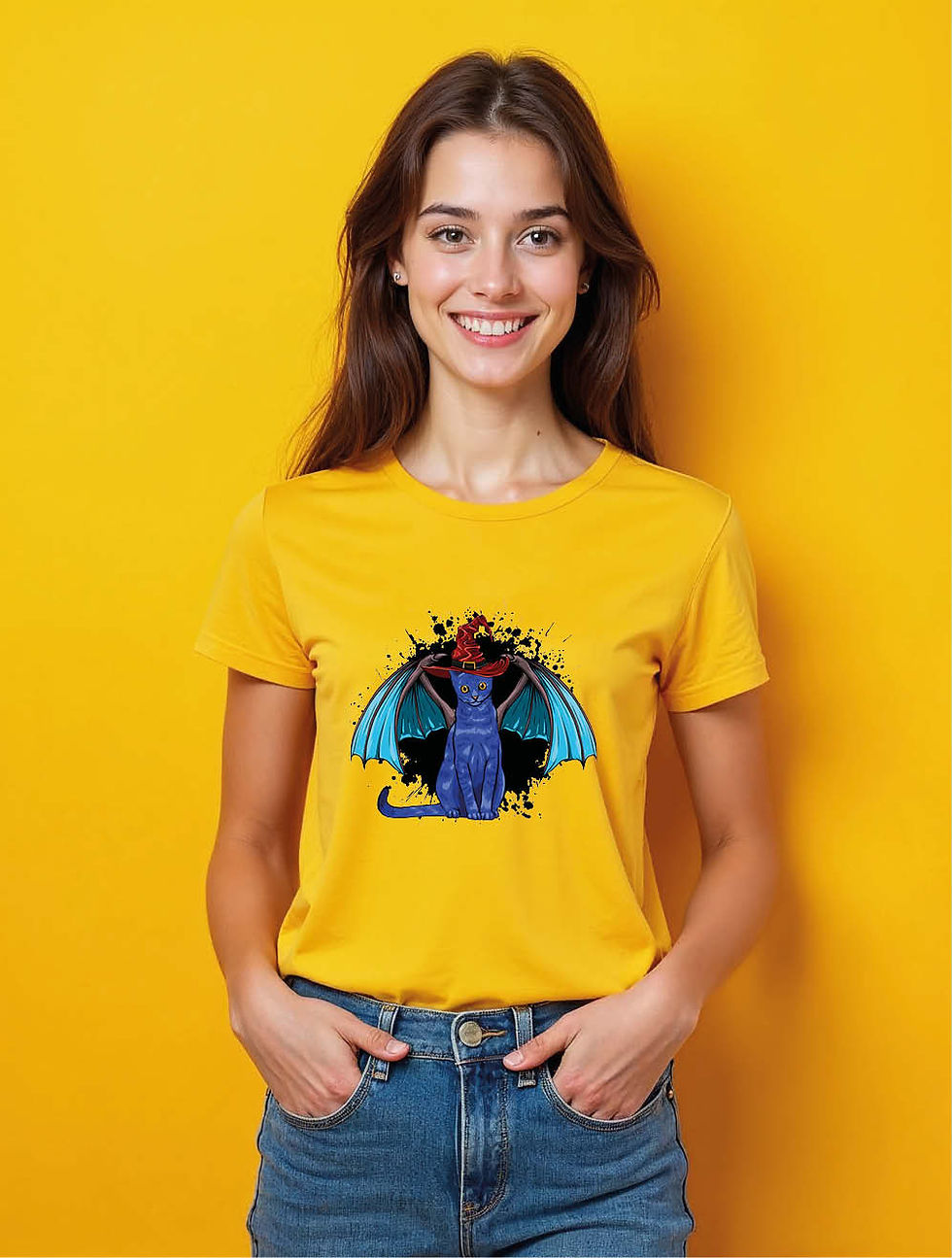 Thumbnail: Witch Cat with Blue Wings and Wizard Hat Trendy Women’s Printed Graphic T-Shirt