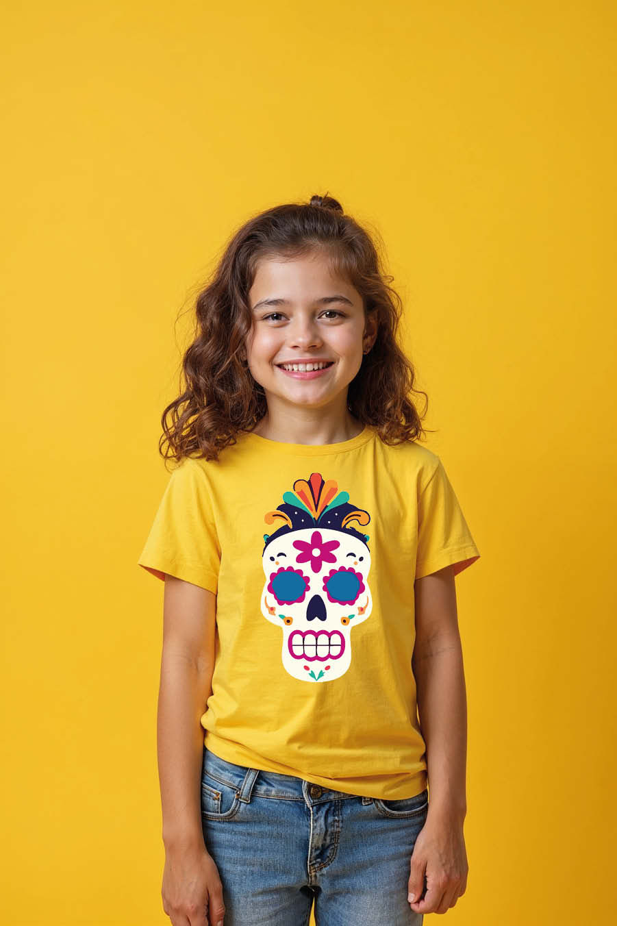 Thumbnail: Colorful Floral Sugar Skull Kids T-Shirt - Day of the Dead Tee Trendy