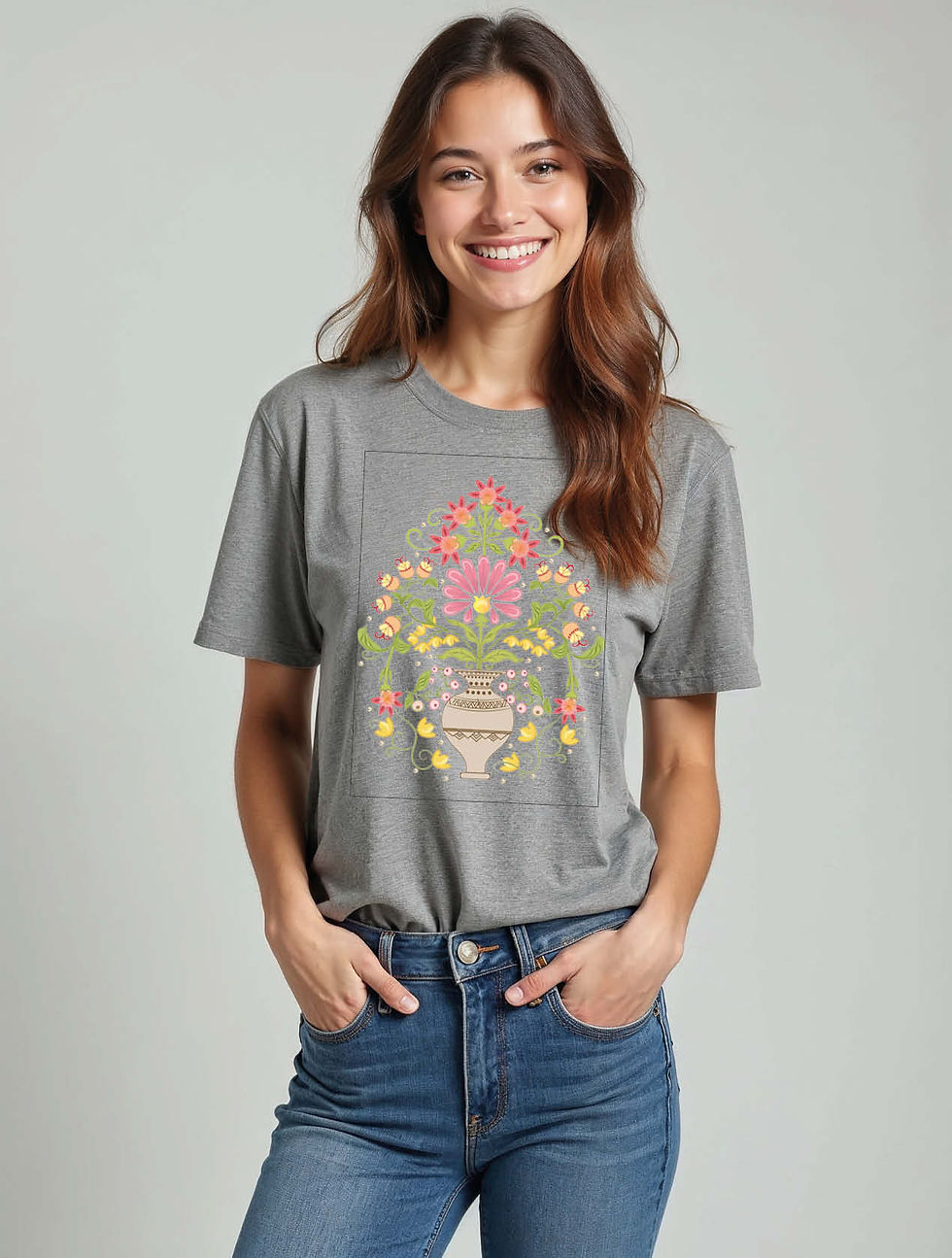 Thumbnail: Embroidered-Look Floral Vase Graphic Modern Women’s Printed T-Shirt – Sale
