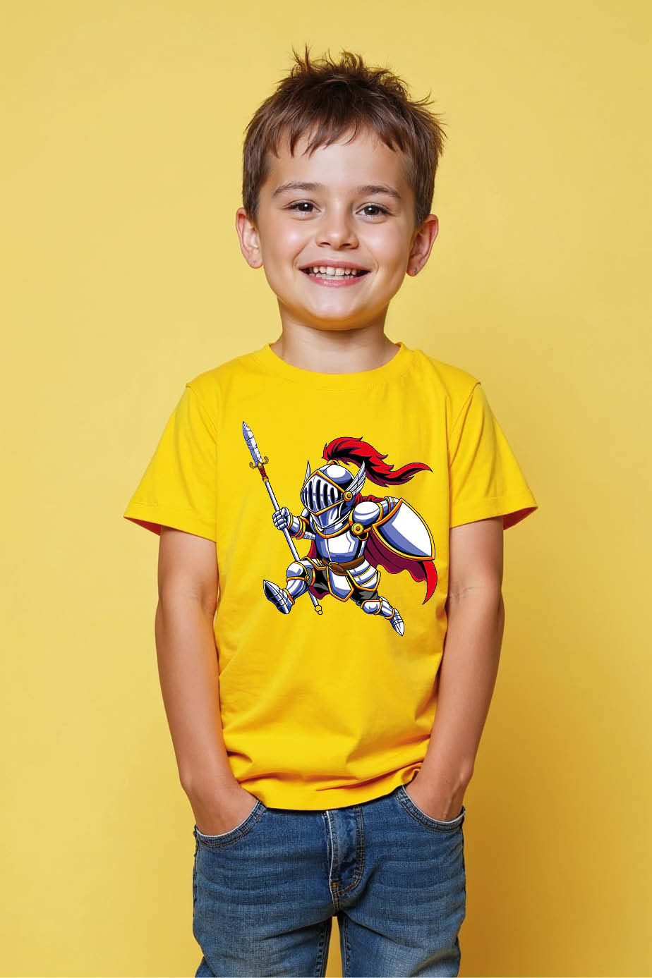 Valiant Cartoon Knight with Spear and Shield Graphic Tee Cotton Casual Kids