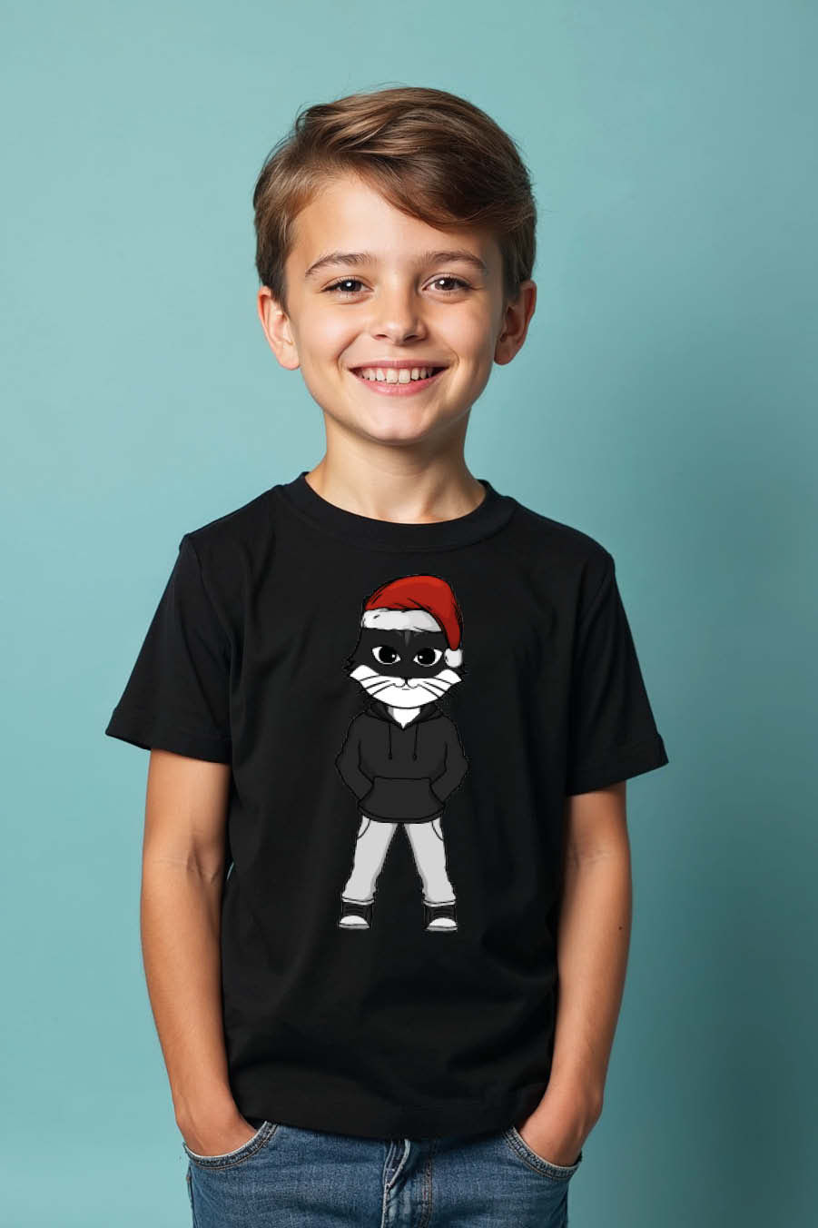 Thumbnail: cat santa in standing still position Soft Cute Kids Typography T-Shirt