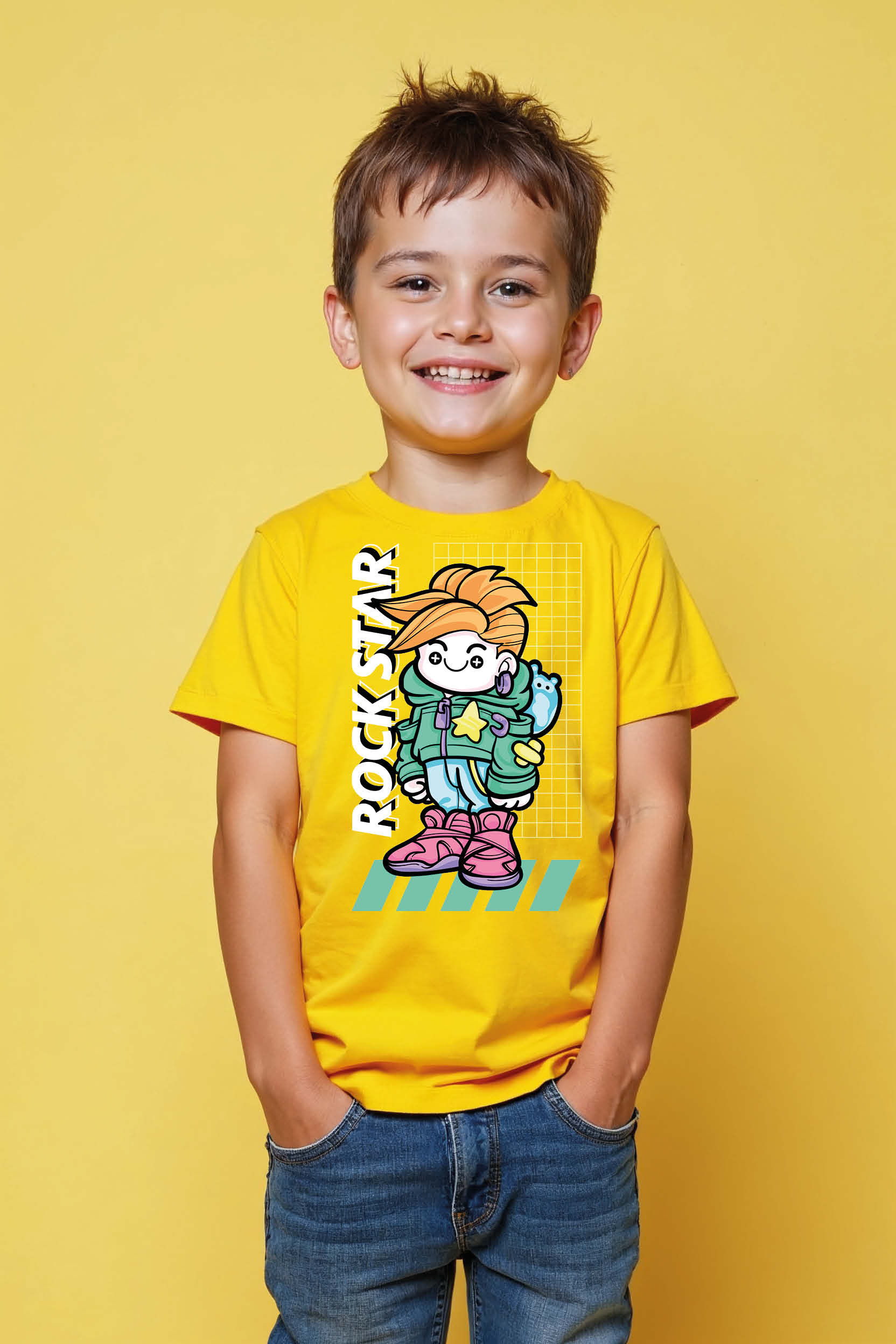 Rock Star Cartoon Character Kids T-Shirt – Trendy Music Lover Graphic Tee
