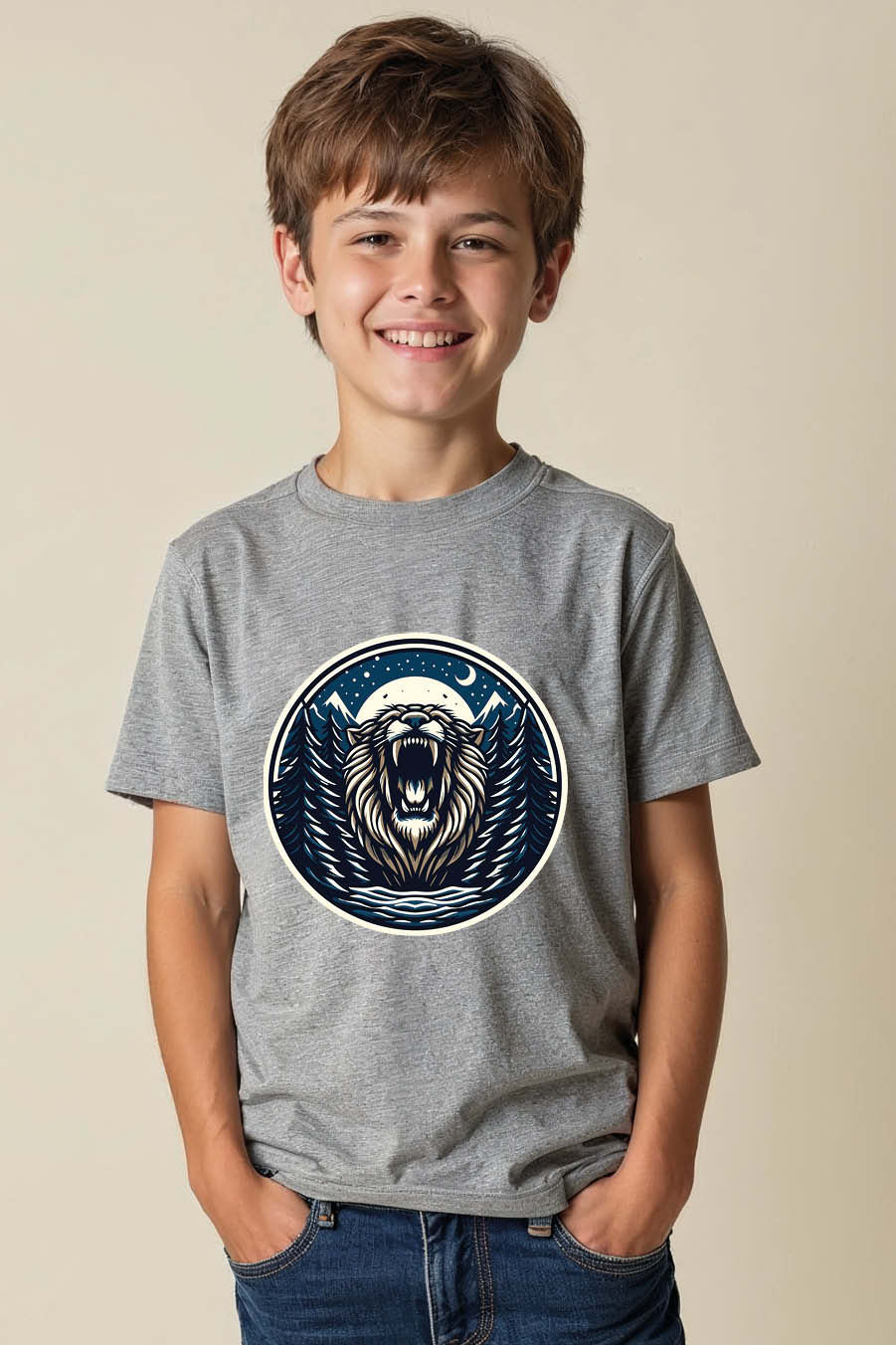 Thumbnail: Roaring Wild Cat Forest Badge Colorful Typography Print T-Shirt for Kids – Sport