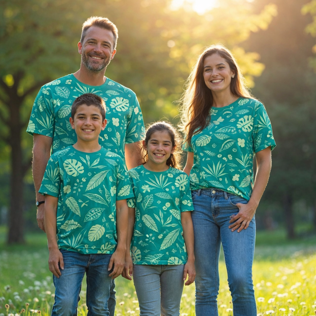 Family in matching outfits at sunset printed tees pack of 4