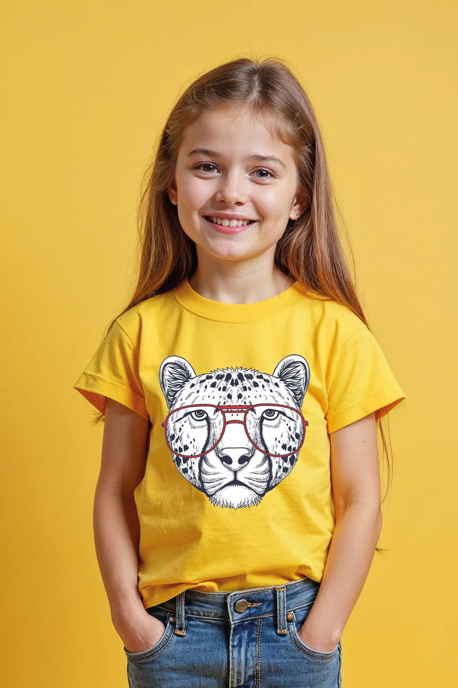 Engraved Sketch Cheetah with Red Aviator Glasses T-Shirt Colorful Kids Graphic