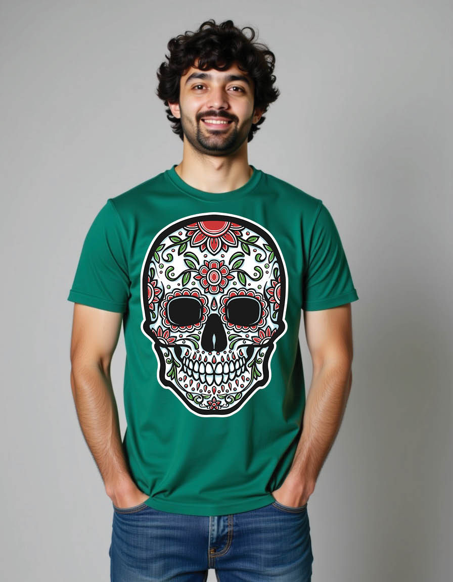 Thumbnail: sugarskull with floral ornament mens printed graphic t shirt