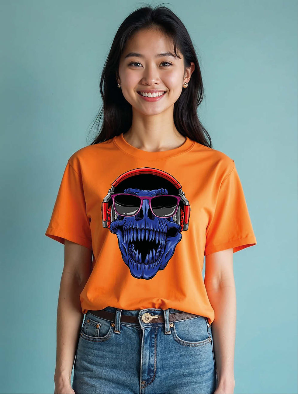 Blue Skull with Headphones and Sunglasses Urban Women’s Printed Graphic T-Shirt