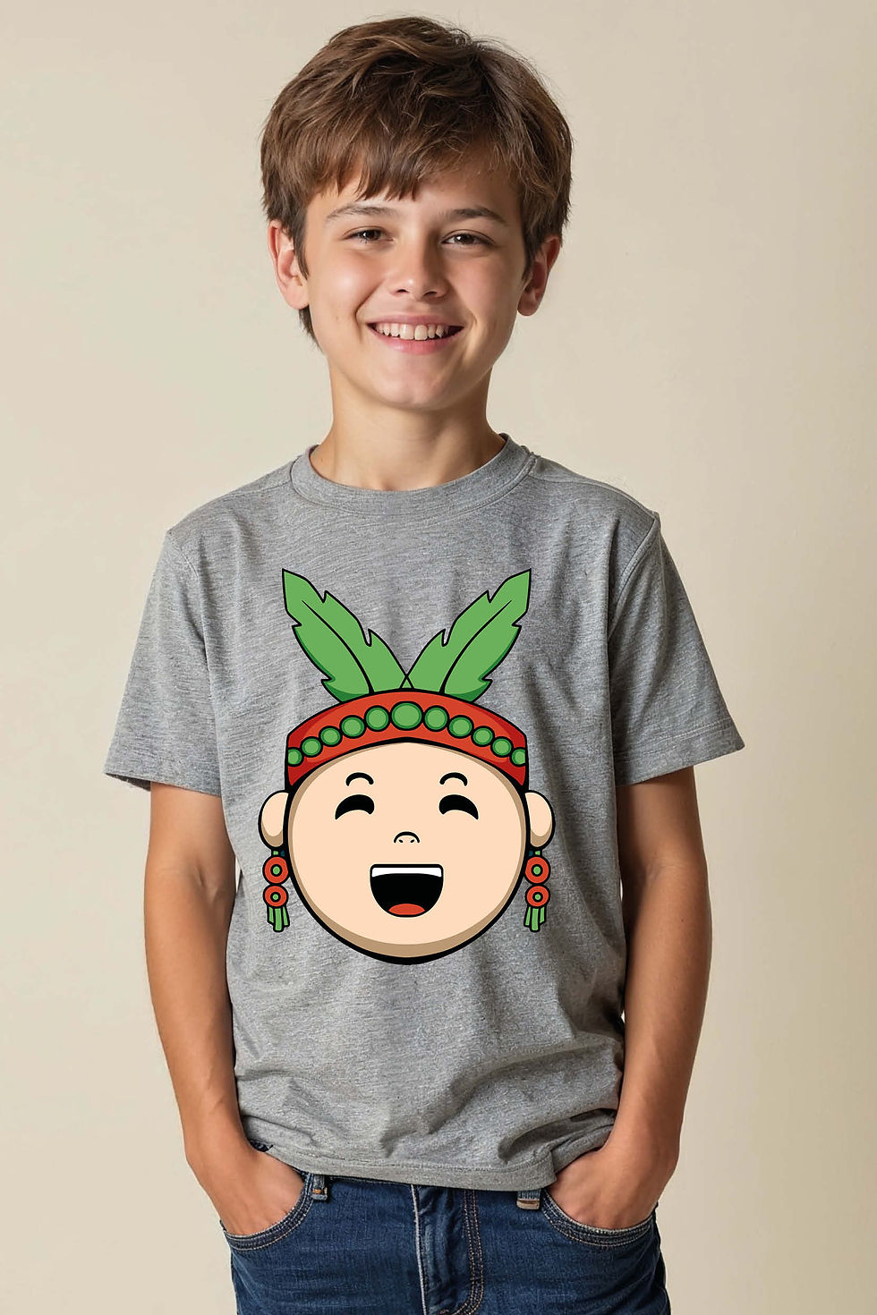 Happy Cartoon Face with Feather Headdress Graphic Tee Cotton Typography Print