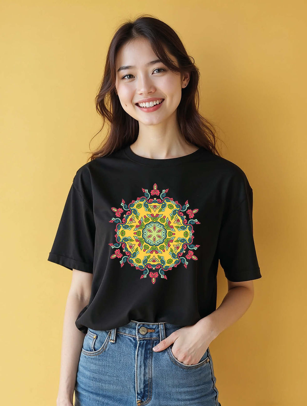 Thumbnail: Ornate Yellow and Teal Mandala  Modern Women’s Streetwear T-Shirt – Best Price