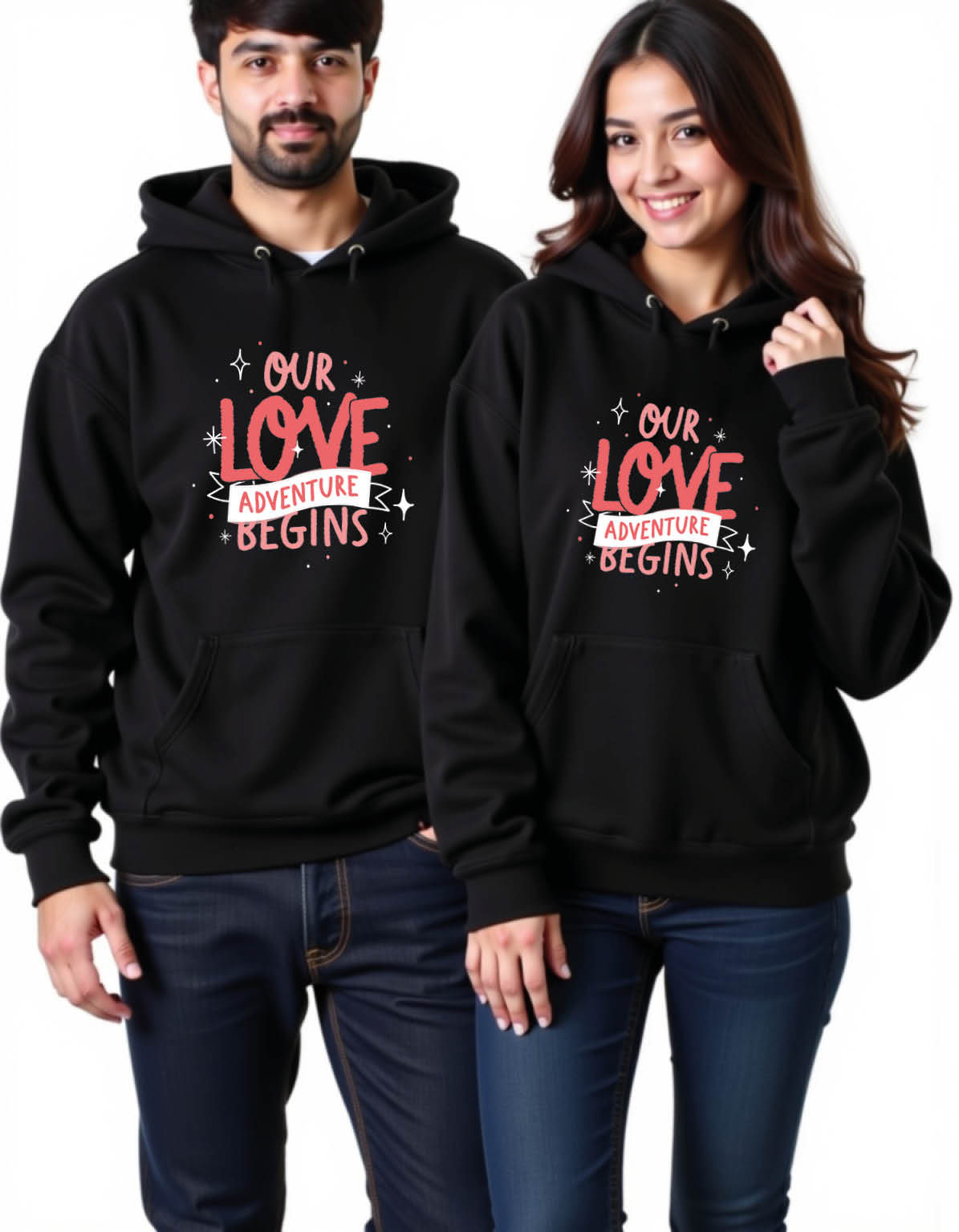 our love adventure begins Urban Printed Graphic Couple Hoodies