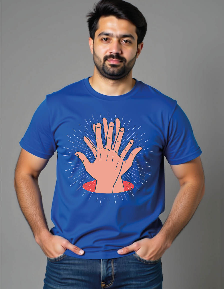 Thumbnail: high five with two hand palms clapping sunburst around mensprintedgraphic tshirt