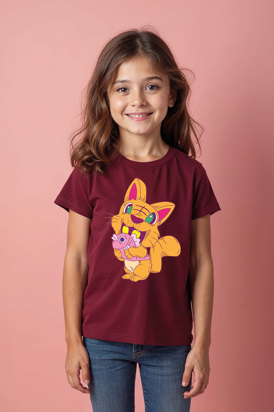 Thumbnail: Cat Holding a Pink Fish Graphic Playful Cartoon Printed T-Shirt for Boys & Girls