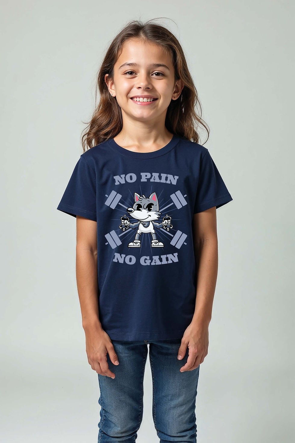 Thumbnail: "No Pain No Gain" Gym Wolf Weightlifting T-Shirt for Kids Stylish Cartoon