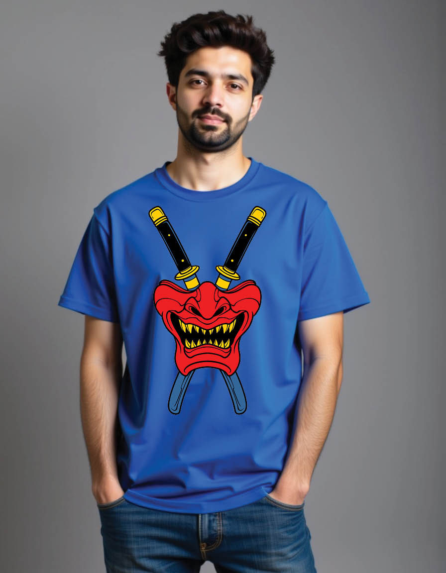 Thumbnail: half face oni mask with samurai mens printed graphic t shirt