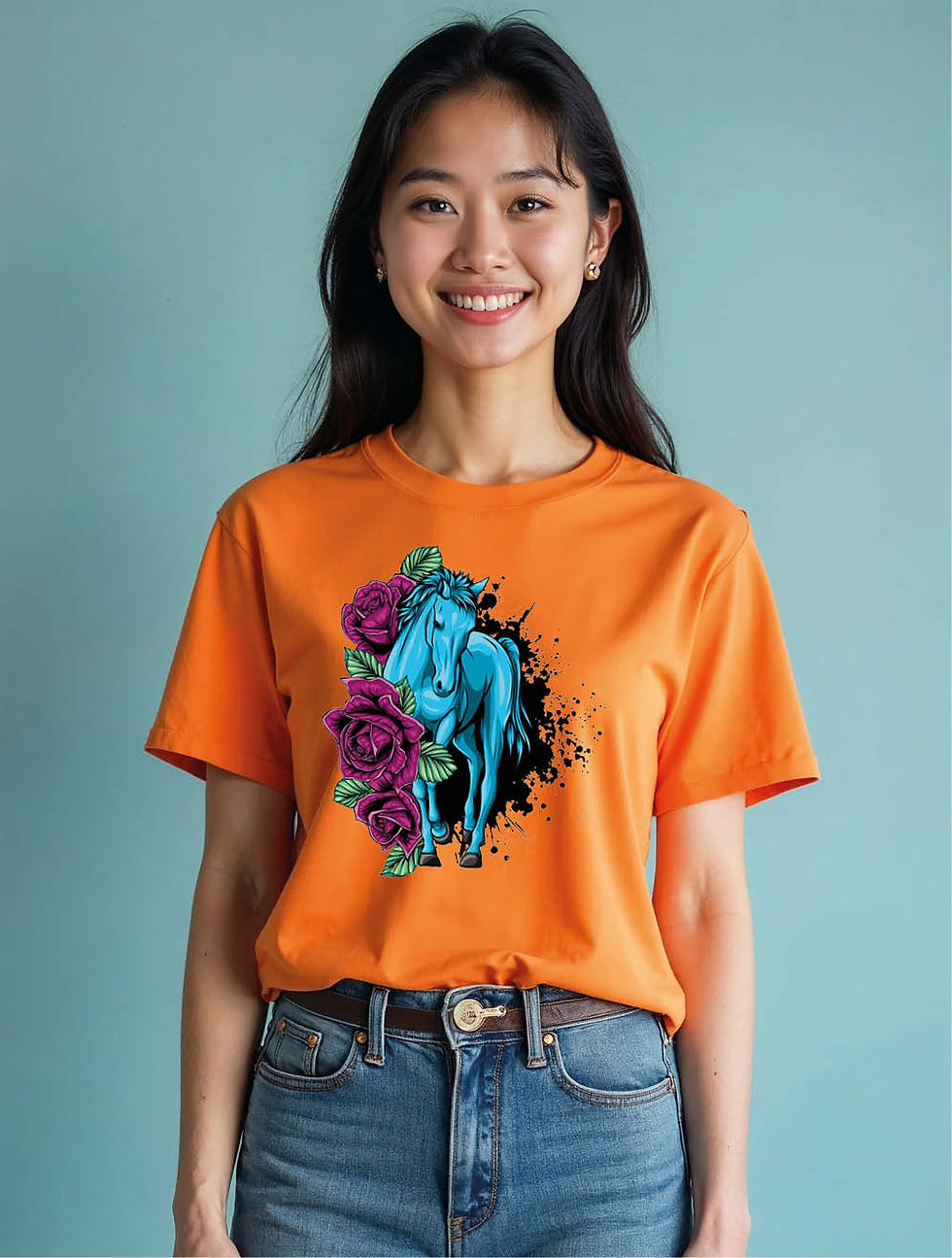 Thumbnail: Mystical Blue Horse and Purple Roses Cool Women’s Printed Graphic Streetwear Tee