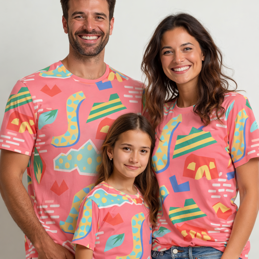 Family portrait with vibrant matching printed T-shirts pack of 3