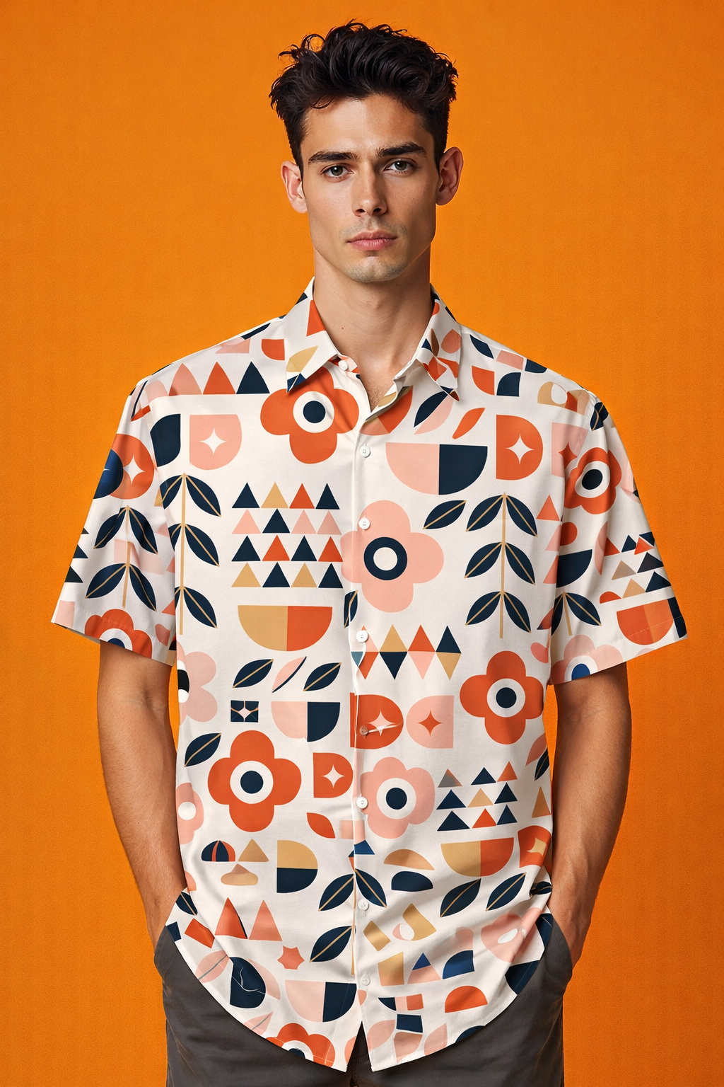 Confident portrait with geometric Modern Street Fashion Patterned All Over Print