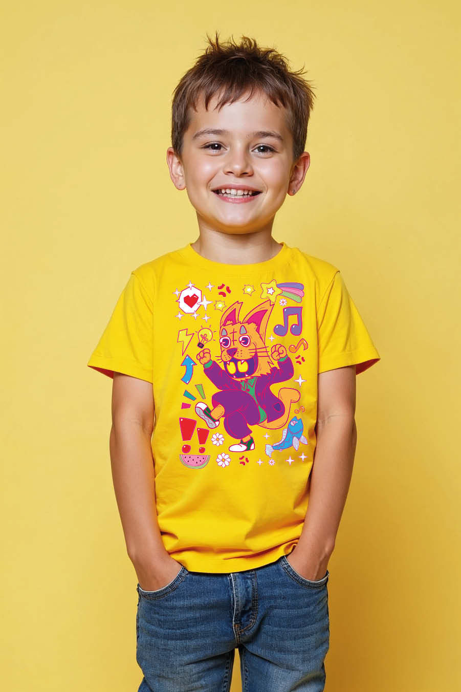 Thumbnail: Cartoon Pop Art Cat Character Graphic Cotton Cool Kids T-Shirt – Design