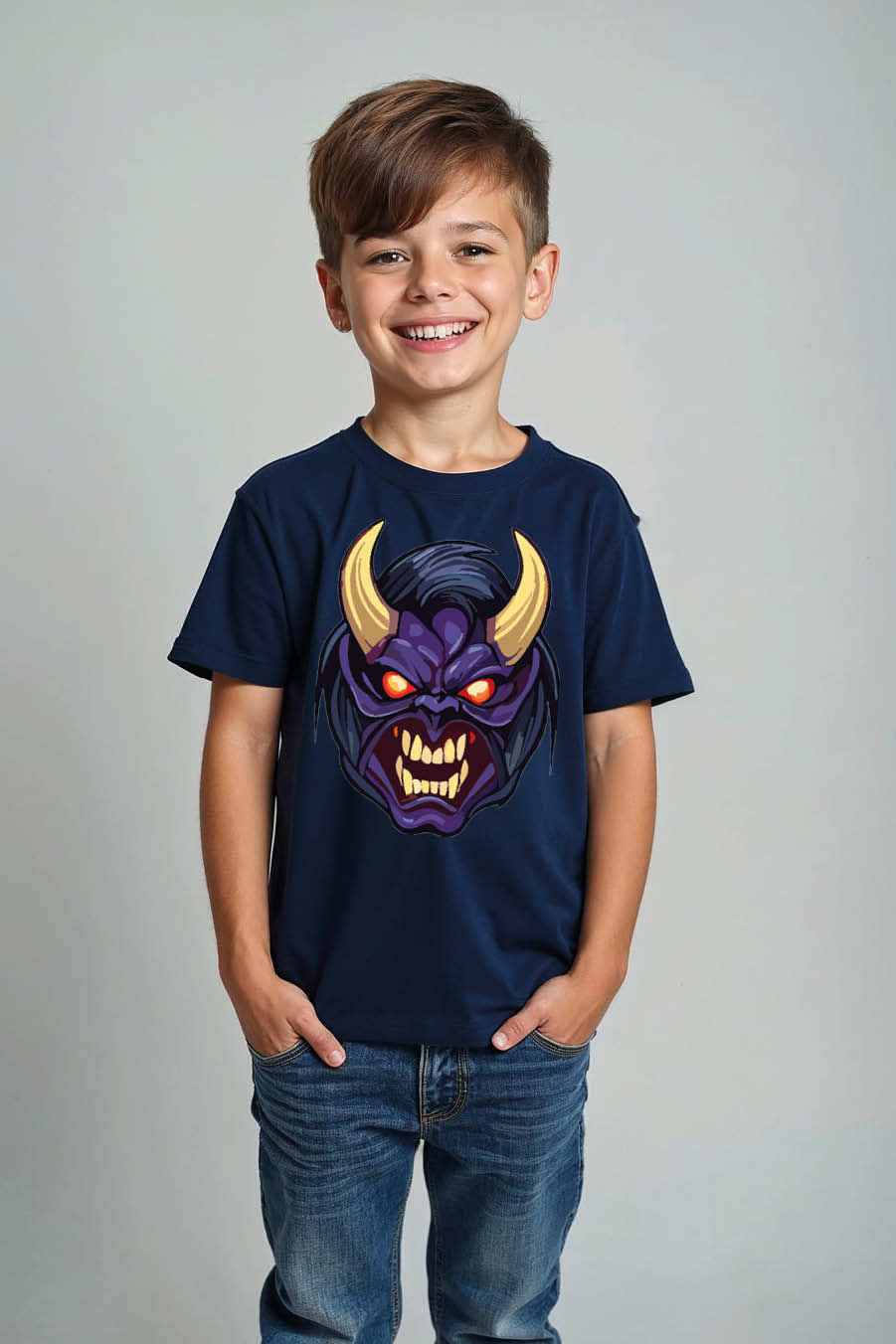 Thumbnail: Purple Horned Demon Kids T-Shirt – Cool Halloween Monster Graphic Tee
